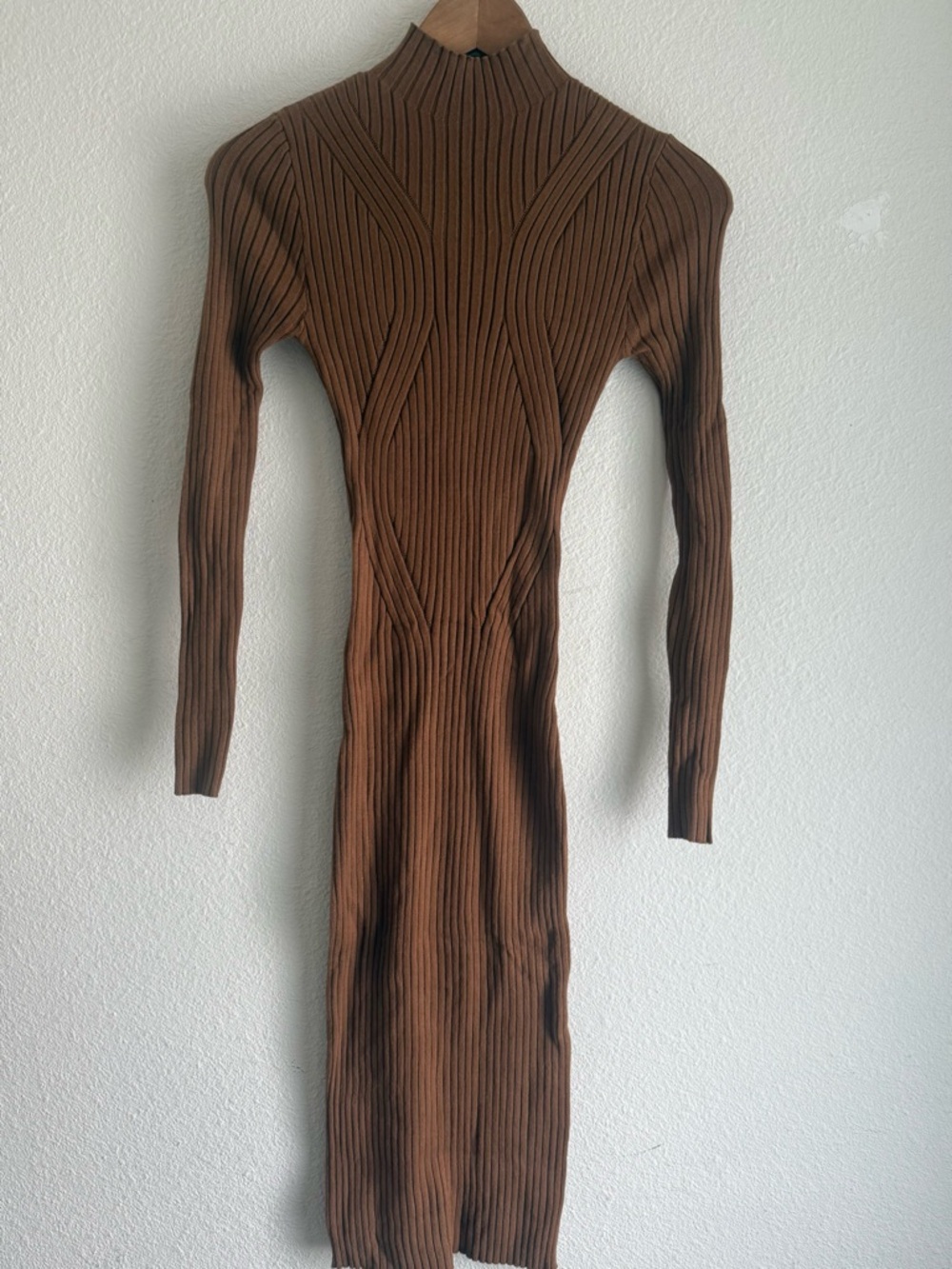 Active USA Ribbed Mock-Neck Long Sleeve Midi Dress in Brown